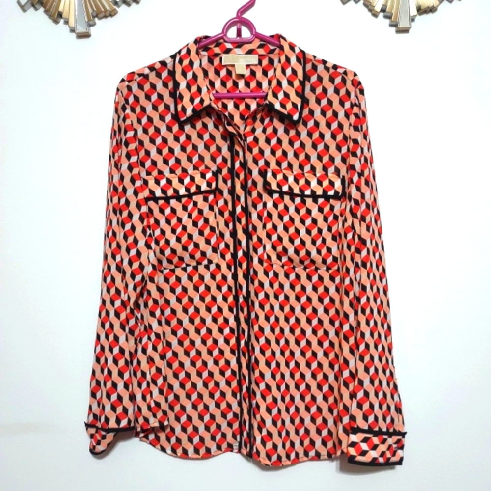 Michael Kors Women's Multi-color Block Prints Long Sleeves Shirt XL Blouse